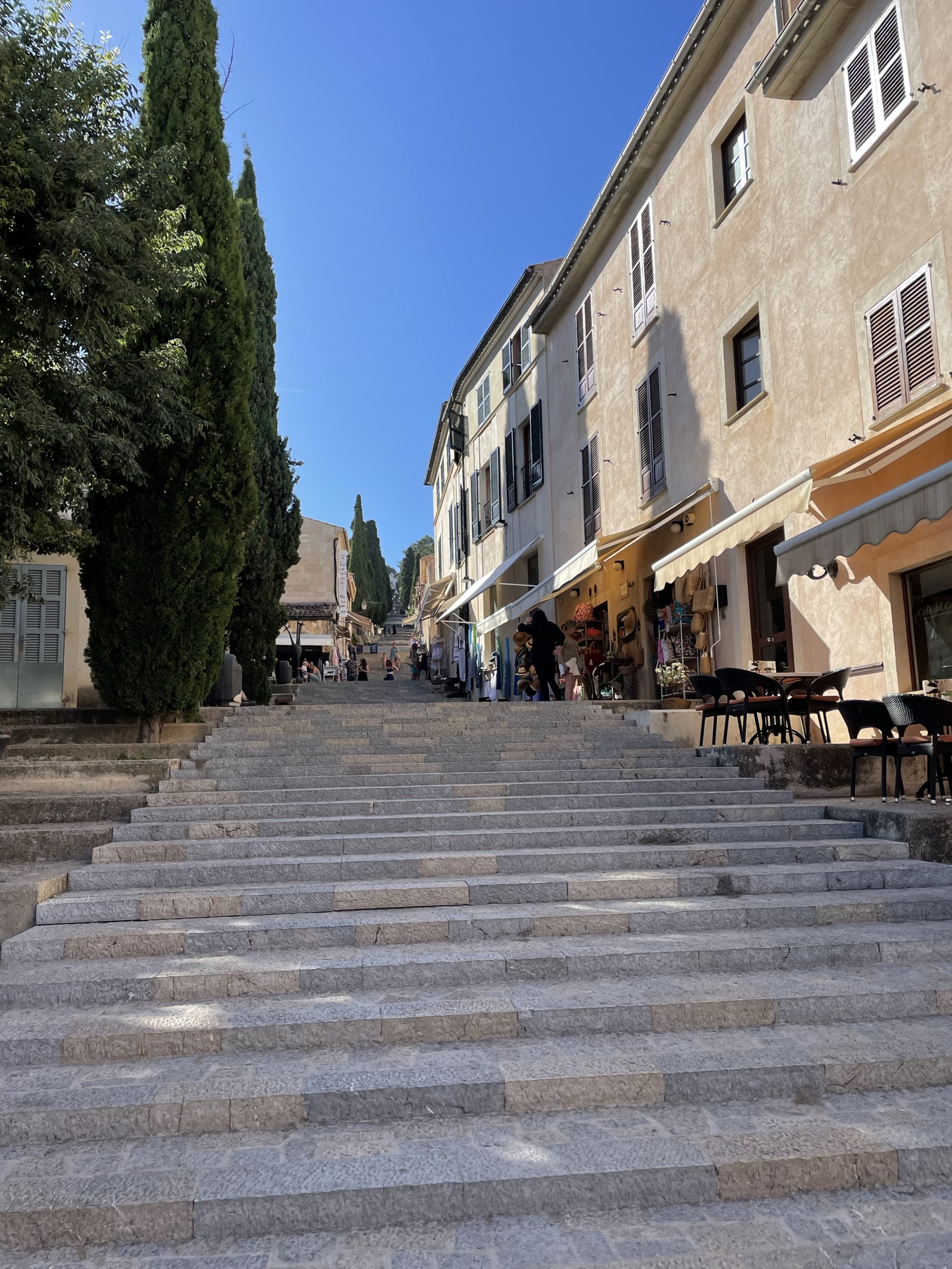 Pollença calle empedrada en Mallorca con casas de piedra y plantas