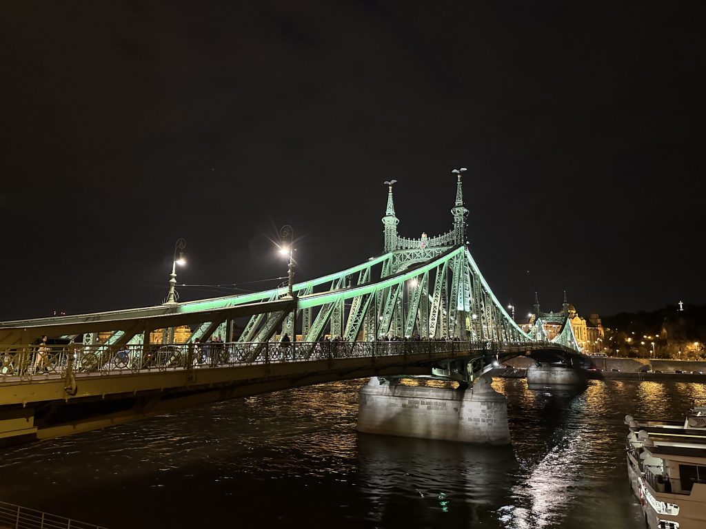 Puente de la Libertad iluminado de noche sobre el río Danubio en Budapest