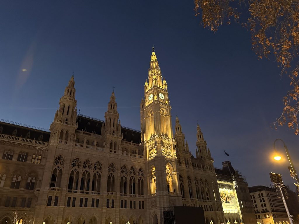 Ayuntamiento de Viena iluminado al anochecer