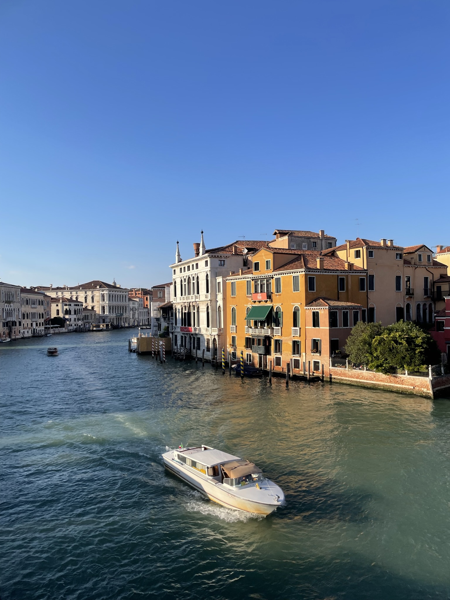 Gran Canal de Venecia con palacios históricos, edificios de colores y una embarcación navegando.