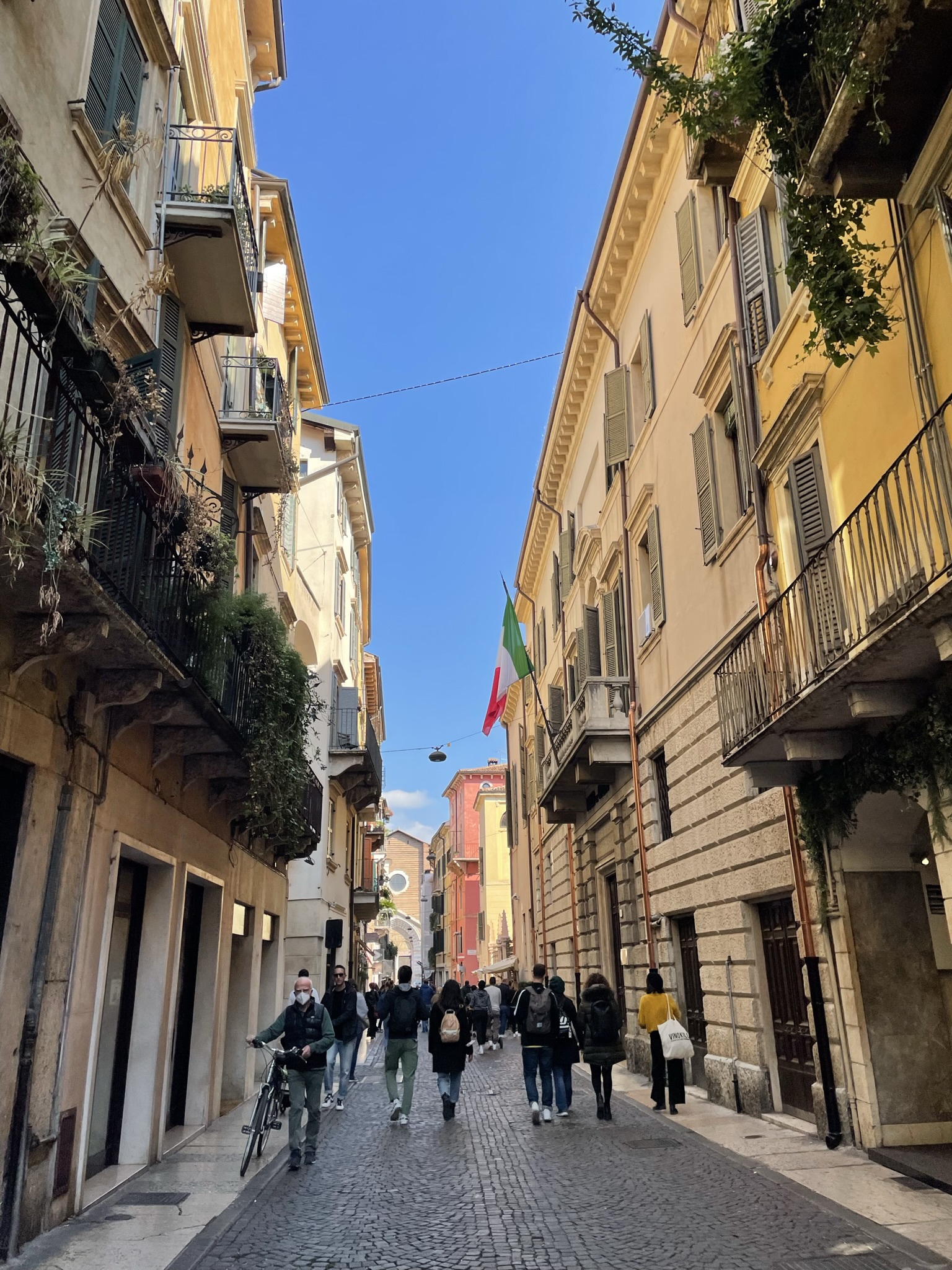 Via Giuseppe Mazzini en Verona, calle comercial del centro histórico con fachadas antiguas y balcones.
